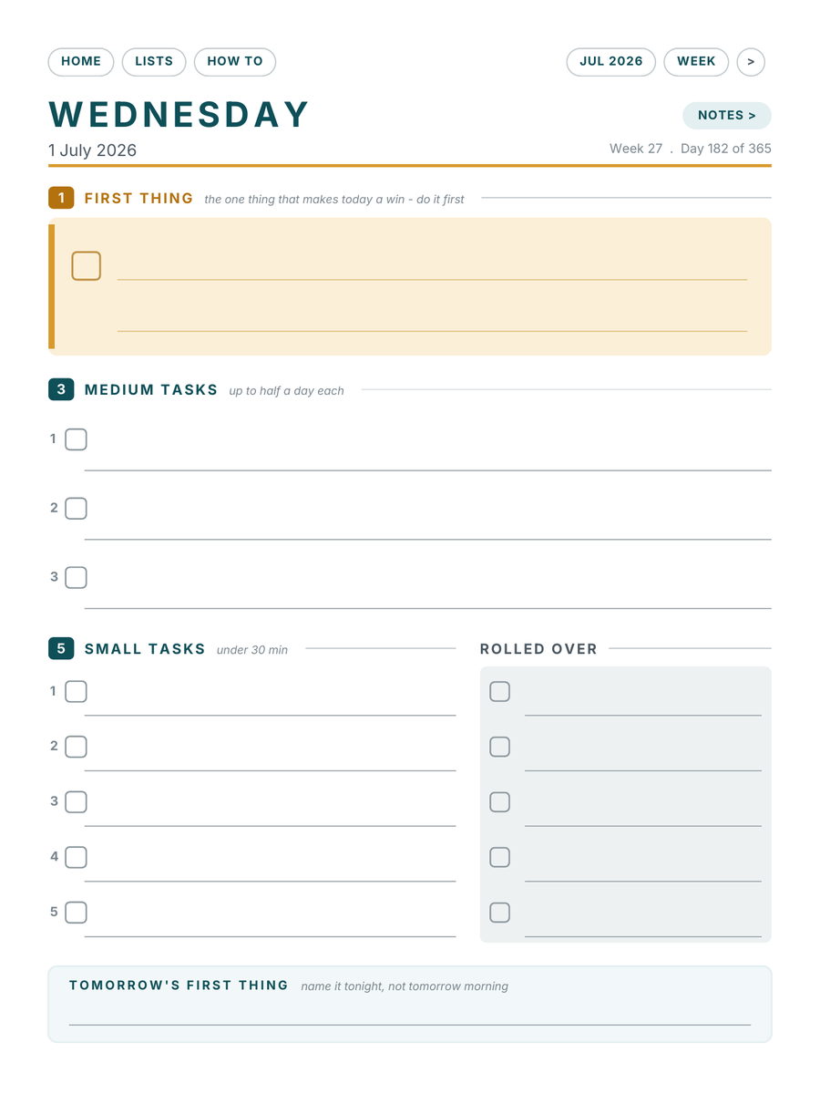 A daily task page with one big task, three medium and five small.